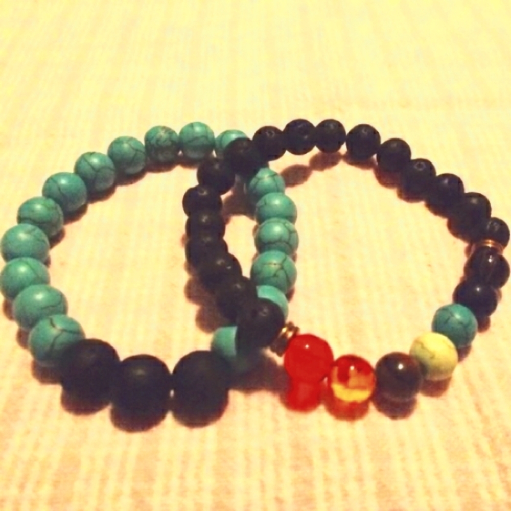Set of 2, "turquoise" and lava stone energy bracelets, sz M